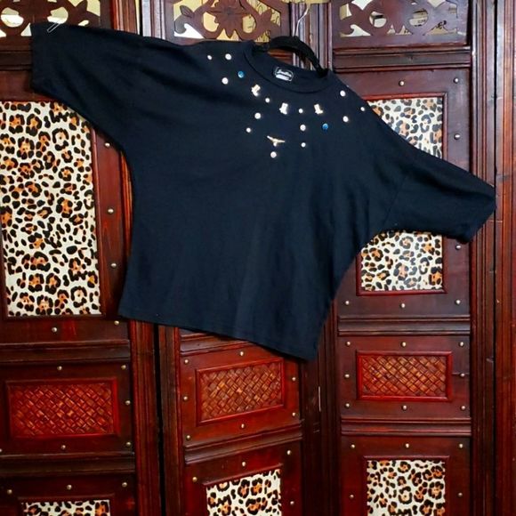 JeanKris Vintage Black Top with Silver and Turquoise Western Charms Blouse - Picture 5 of 5